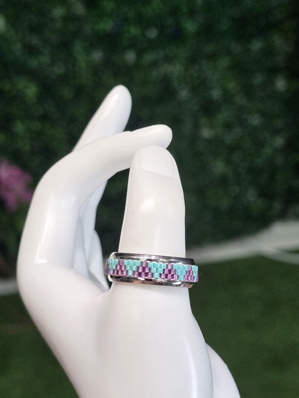Beaded Pattern Silver Ring in Turquoise & Purple - Picture 5 of 8